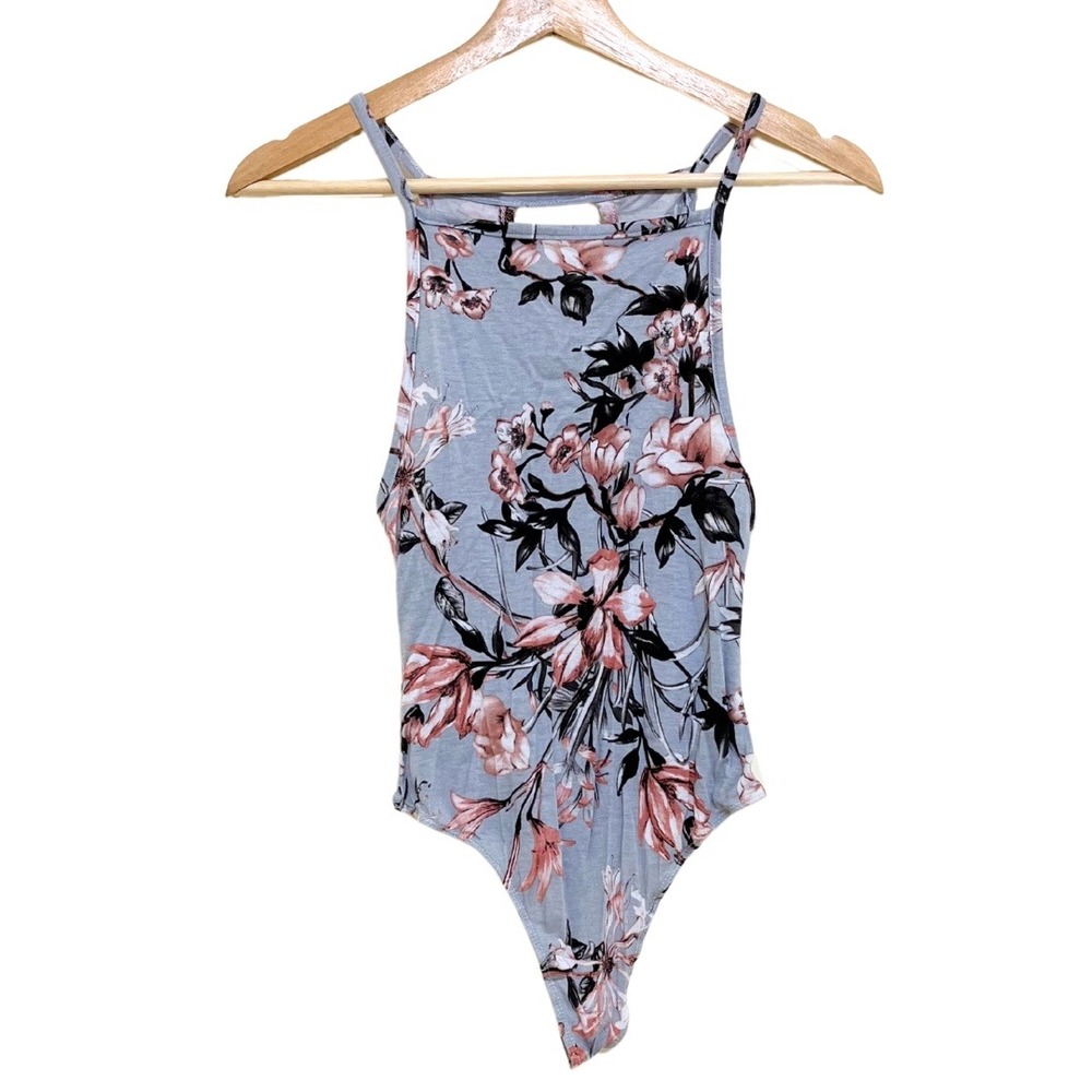 ReVamped Keyhole Back High Neck Blue & Pink Floral Bodysuit – S